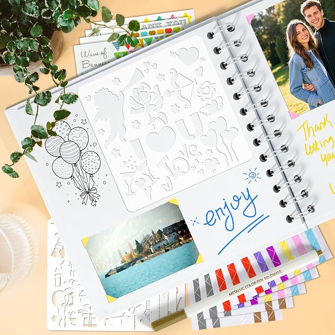 GOTIDEAL 7 x 7 Inch Scrapbook Album with Metallic Markers, White, 40 Pages | Kraft Paper Photo Albums for Wedding & Anniversary, Family DIY Scrap Books with Scrapbooking Stickers Corners