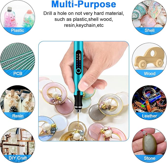 Uolor 3-Speed Cordless Mini Drill Pen, Rechargeable DIY Electric Hand Drill with 10 Small Drill Bits, Micro Drill Set for Jewelry Making Stone Plastic Resin Keychains