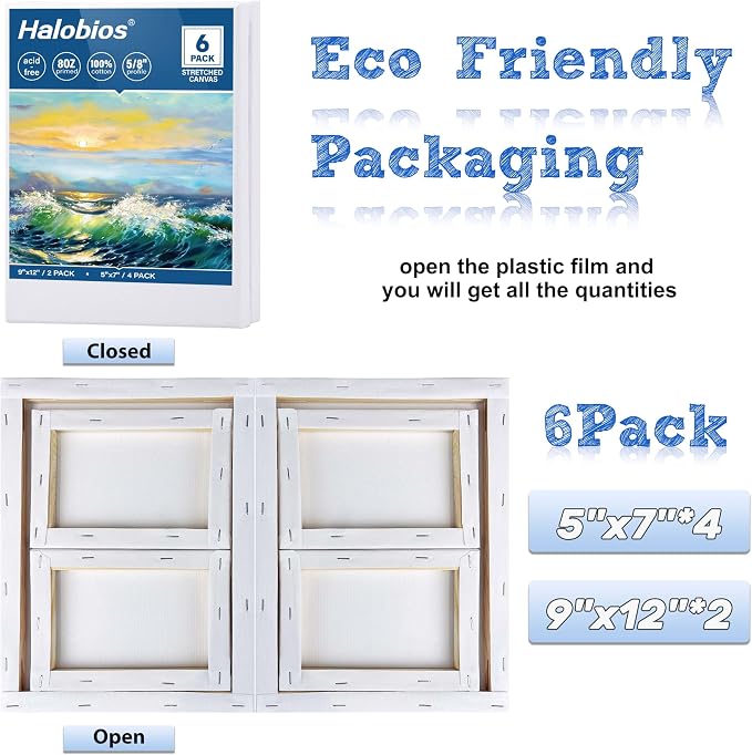 Halobios 6 Packs Stretched Canvases for Painting with 5x7in,9x12in Canvas, Blank Canvases for Acrylics, Oils & Other Painting Media, 5/8 Inch Profile 100% Cotton Artist Framed Canvas