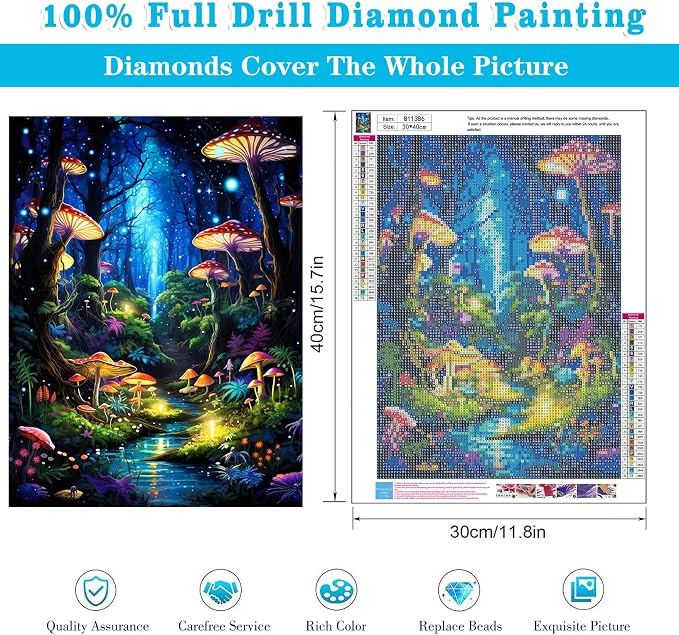 Meothan Diamond Art Kits for Adults Mushroom Diamond Painting Kit 12x16in | 5D Enchanted Glow Forest Diamond Art Painting Kit for Adult, DIY Full Drill Gem Art Diamond Dots Kit for Home Wall Decor Gift