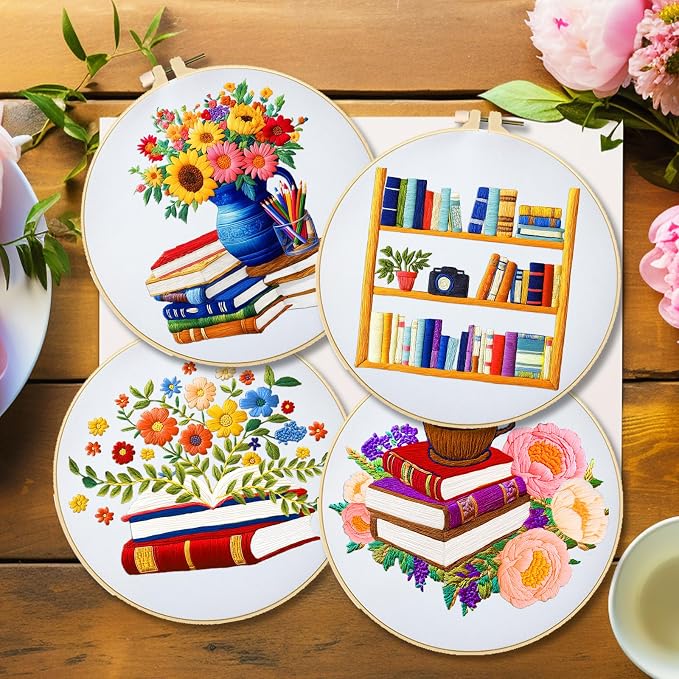 BEUNITONE 4 Set Book Flower Embroidery Kit for Adult Beginners 7.9x7.9 DIY Cross Stitch Kits Needlepoint Starter Kit with Pre-Printed Design and Hoops, Stamped Embroidery Kit for Home Ofiice Decor