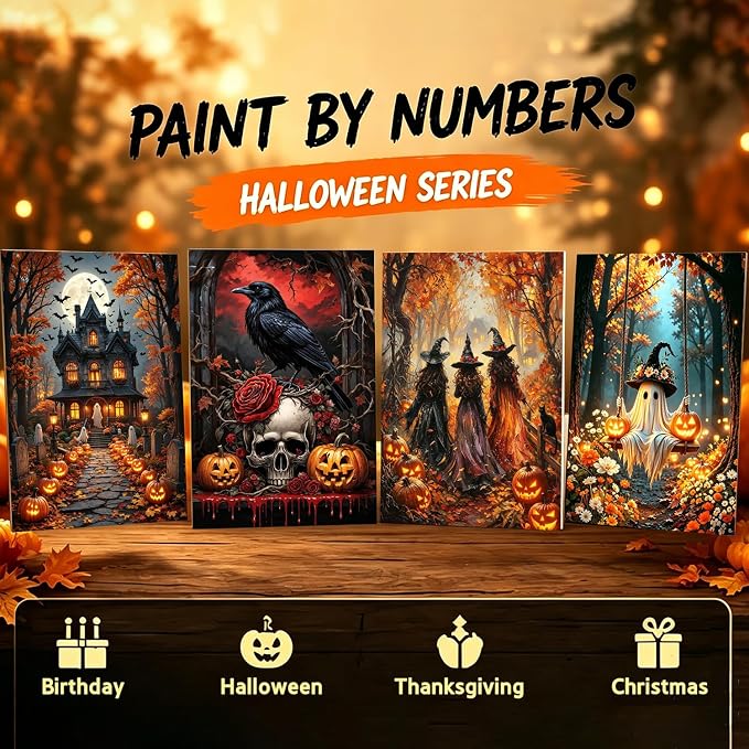 bleihum 4 Pack Halloween Paint by Numbers Kit for Adults with Frame Easel