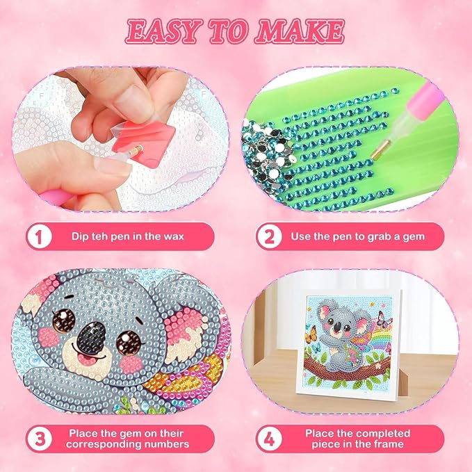 cviokrdu 4 PCS Diamond Art Kits for Kids, Animal Diamond Art for Kids Ages 4 8 12, Cute Sloths Koalas Raccoons Gem Art Kit Crafts Beginners for Gift Home Wall Decor(6x6inch)