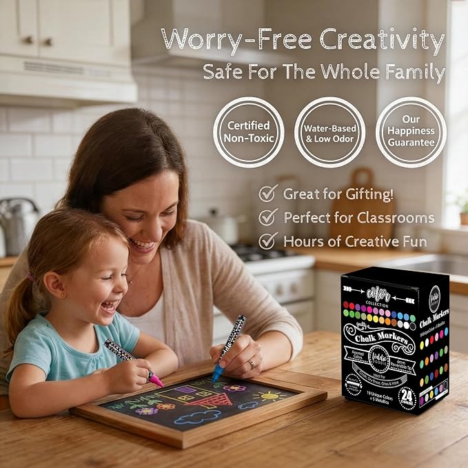Loddie Doddie Chalk Markers, Liquid Chalk Pens, Reversible Tips, 24 Pack | More Coverage & Color Changes, 6mm Reversible Tips, Extra Tips, Erasable Chalk Markers for Blackboard, Chalkboard Markers