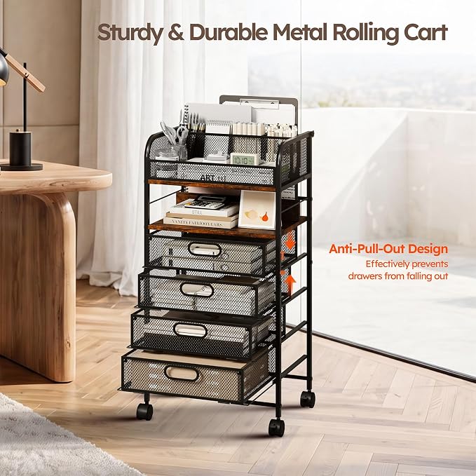 Homsorout Rolling Art Cart with 4 Drawers, Rustic