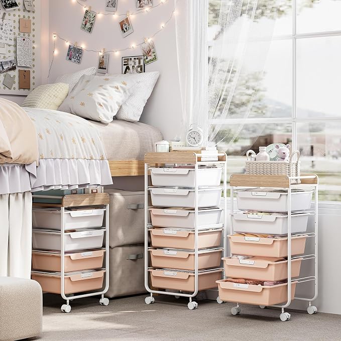 SYKIARIOL Rolling Craft Storage Cart with 4 Drawers,Kids Art Cart,Pearl | Utility Cart with Drawers,Art Craft Organizers and Storage,Kids Craft Cart With DIY Lable and Wooden Tabletop Area