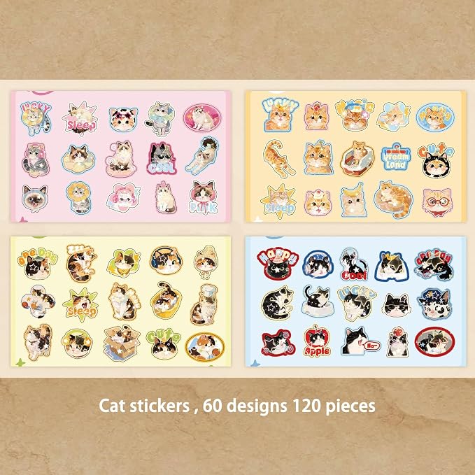 120Pcs Holographic Cat Stickers with Iridescent Finish Cute Kitten Vinyl Decals for Laptop Water Bottle Scrapbook Phone Case Waterproof Animal Stickers for Adults Pet Lovers