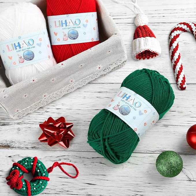 LIHAO 6 Skeins Yarn for Knitting Christmas Themed Red Green White Yarn for DIY Xmas Crochet Crafts - 100% Acrylic (50g/Skein)