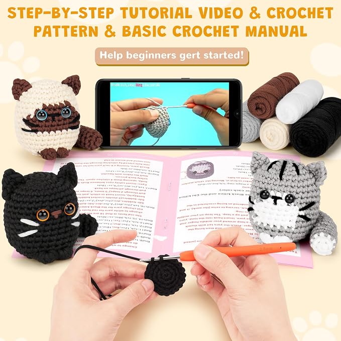 Crochet Kit for Beginners, Cat Crochet Kit for Adults Beginner | Complete DIY Crochet Starter Kit with Step-by-Step Video Tutorials, Easy Knitting Kit Cat Crochet Gifts