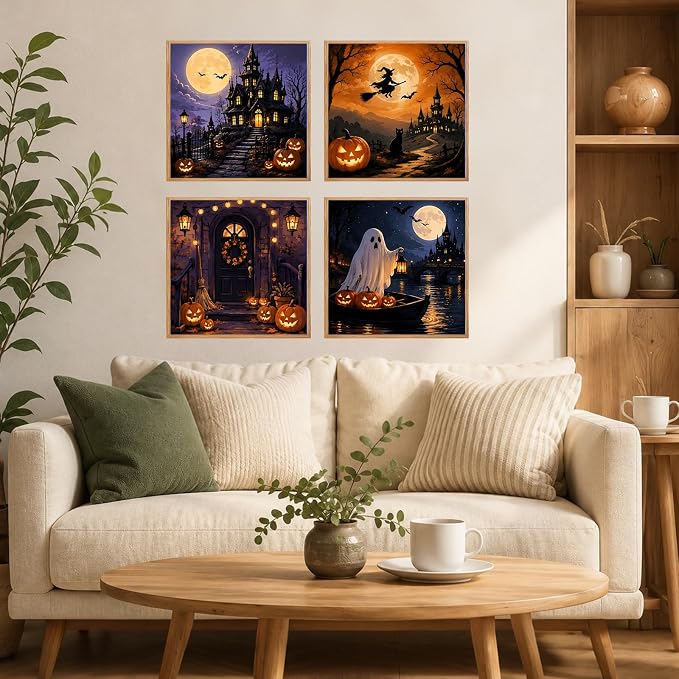 AUKELHJ 4 Pack Framed Paint by Numbers Kit for Adults, Halloween, 8x8 inch