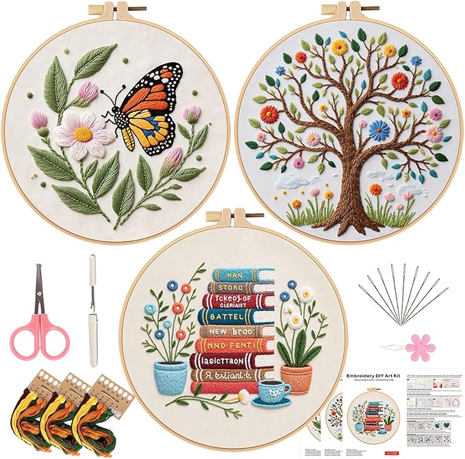 COCOMOX Embroidery Kit for Beginners, Cross Stitch Kits | 3 Different Patterns, Hand Craft DIY Gift, Easy to Follow