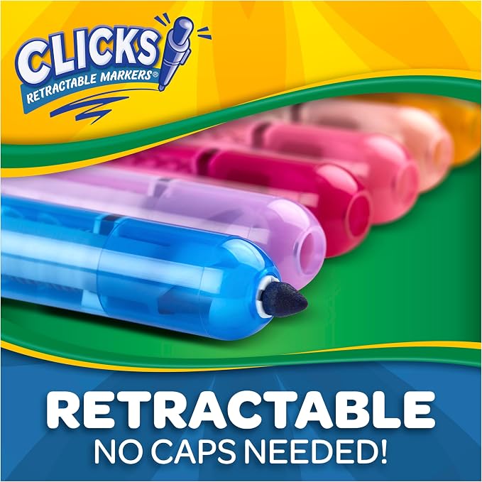 Crayola Clicks Retractable Tip Markers (10ct), Washable Cone Tip Art Marker Set, Cute Aesthetic School Supplies, Classroom Must Haves, Ages 3+