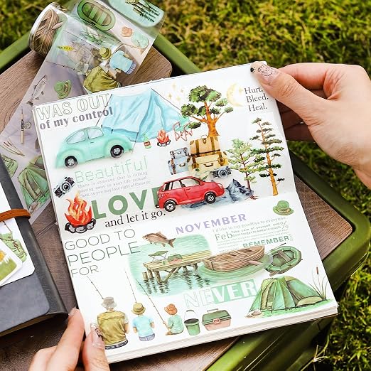 6 Rolls Travel PET Tape Set with Clip, Camping and Adventure-Themed Sticker Tape for Journaling, Scrapbooking, and DIY Crafts