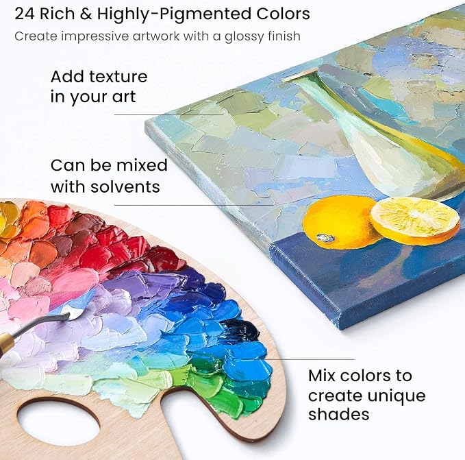 ARTEZA Oil Paint Set – 24 Multicolor Tubes (0.4 Fluid Ounces Each), Vibrant Oil-Based Paints for Canvas & Art Projects