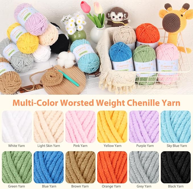 Coopay Chenille Yarn for Crochet, Medium Weight Yarn CYC #4, Brown | Crochet Yarn Set - 400g Total, Soft Velvet Yarn for Colorful Crafts, Blankets, Plush Dolls, Decorative Handmade Works