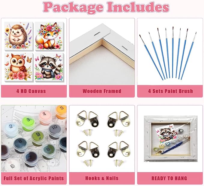 4 Pack Animal Paint by Number for Kids with Wooden Frame - Wooden Easel | Paint by Numbers for Kids Ages 4-8-12, Easy Owl Fox Hedgehog Raccoon DIY Oil Painting Kits for Home Wall Decor (8X8 inch)