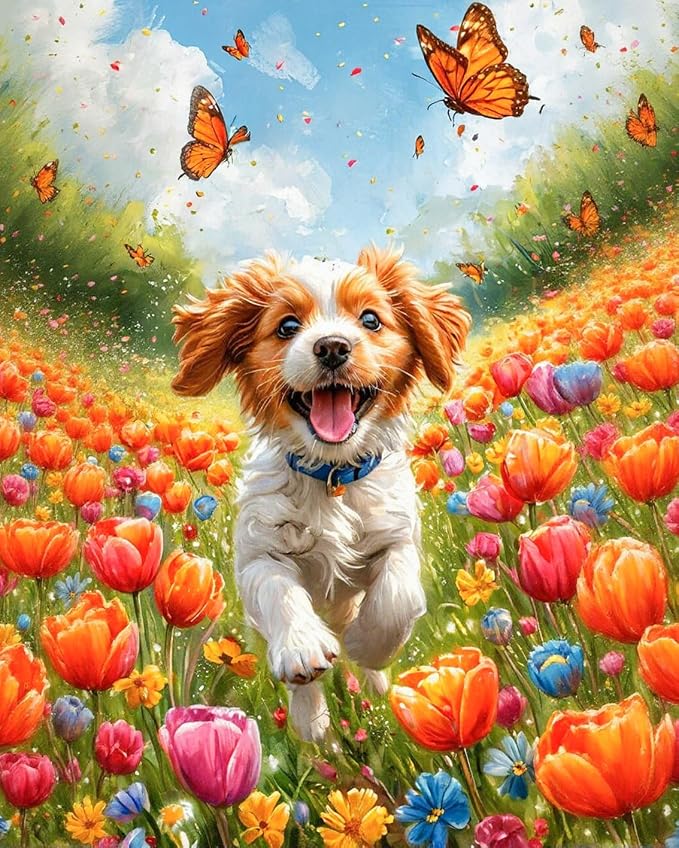 Paint by Numbers Kit for Adults, Happy Puppy & Tulip Design, 16x20 Inch