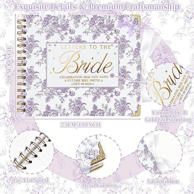 Ratutodax Letters to The Bride Scrapbook Kit,10"x8" DIY Wedding Guest Book | Purple Floral;Lay-flat gold coil design;50 blank pages of 180gsm;Fits 5" x 7" photos;160+ accessories;Bridal Shower Gift