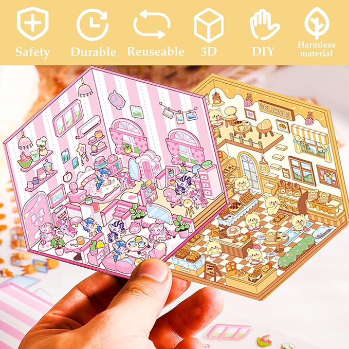 DIY 3D Sticker for Kids, 6 Sets of Cute Stickers for Girls Kids Fun Scenes Stickers Adult Isometric Sticker Scene Reuseable Waterproof Stickers