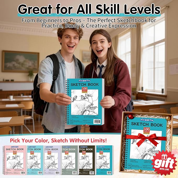 FIXSMITH 9"X12" Sketch Book, 100 Sheets, 68 lb/100gsm,4 Pack Teal | Acid Free Drawing Paper | Spiral Bound Artist Sketch Pad | for Kids, Beginners, Artists & Professionals | Bright White