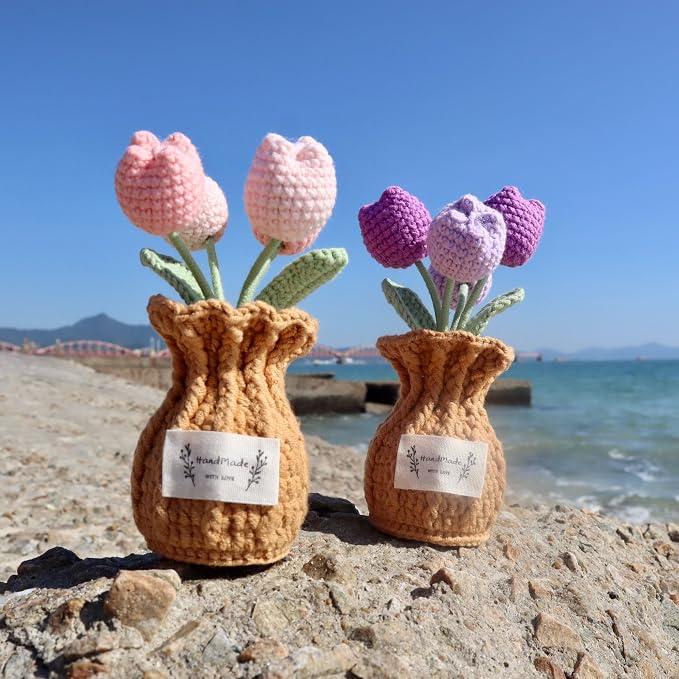 Tulip Crochet Flower Potted Plant Handmade Desk Decor Gift