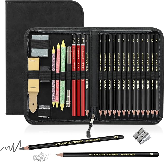 Heshengping, Sketching and Drawing Pencils Set 26pcs, Art Supplies Drawing pencil Kit,Graphite Charcoal Professional Pencils Set, Adults Beginners Artist