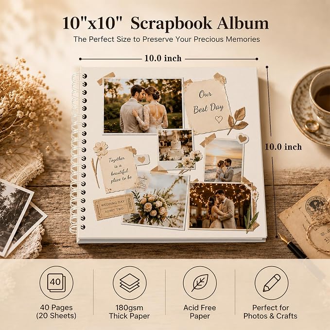 10x10 Inch DIY Scrapbook Album 40 Pages (20 Sheets), Hardcover Kraft Paper