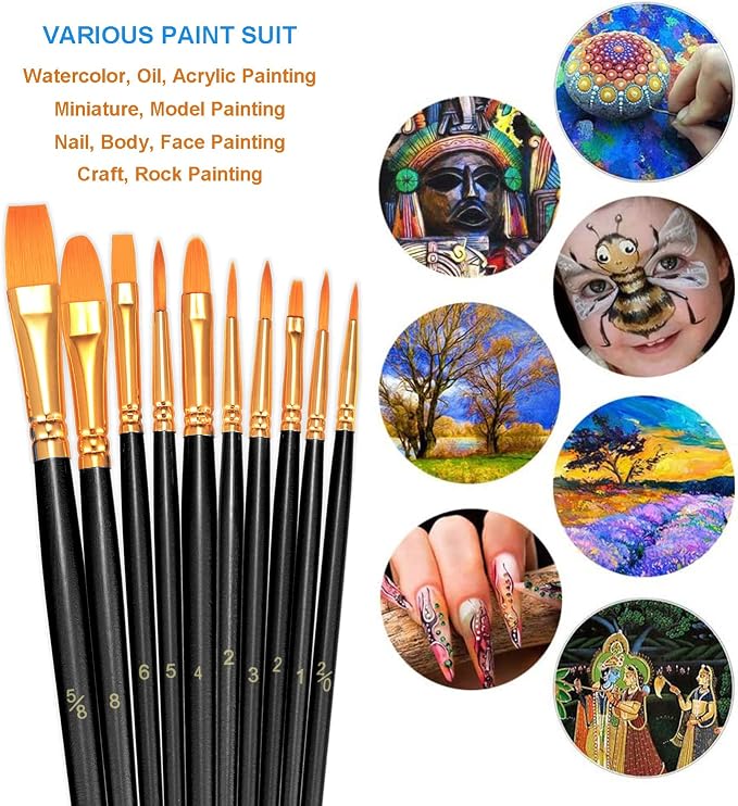BOSOBO Paint Brushes Set, 20 Pcs Small Paint Brush Kit Round Flat Tip Nylon Hair, for Acrylic Painting, Watercolor, Oil Painting, Kids Face Nail Art Canvas Rock Craft, Art Supplies, Black
