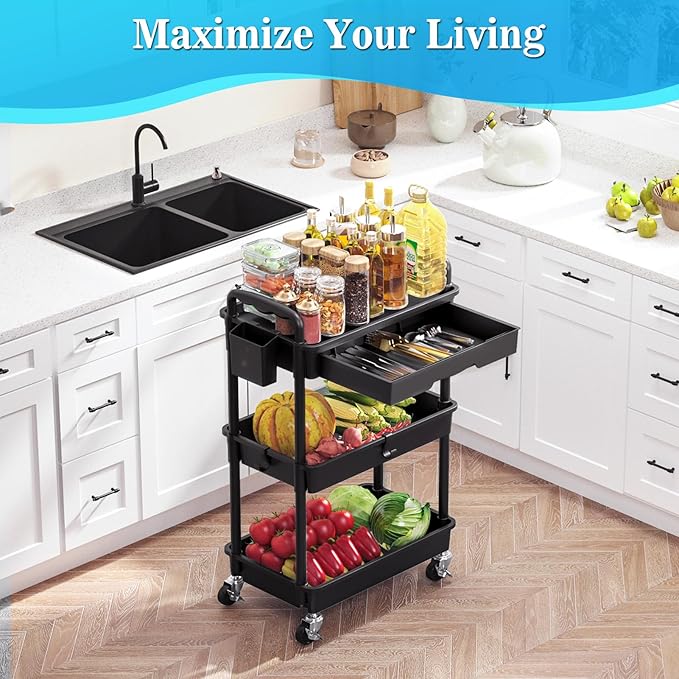 SUNALLY 3 Tier Rolling Cart with Drawer, Craft Storage Cart Organizer,Black