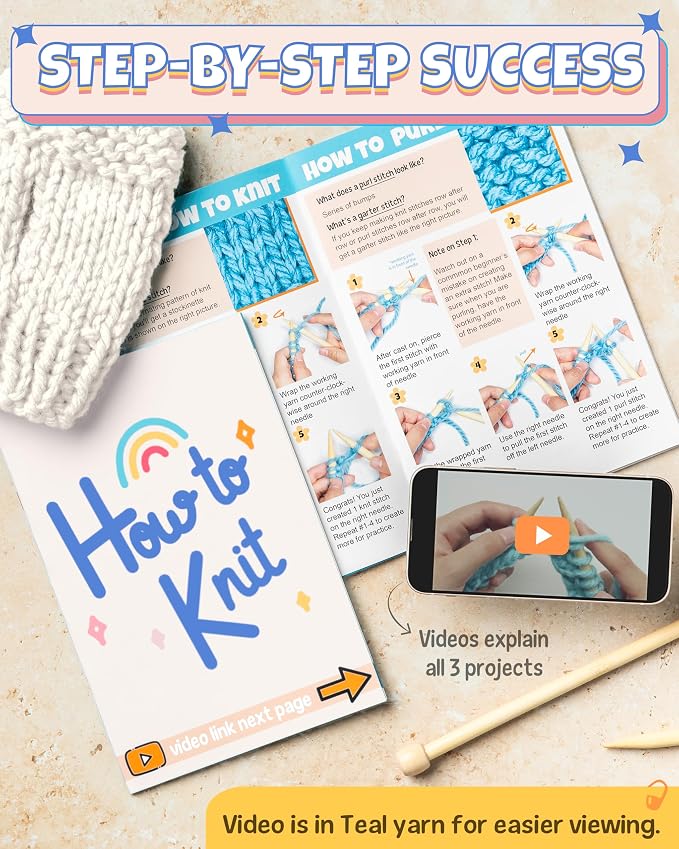 Complete Knitting Kit for Beginners - Learn to Knit Kit with Knitting Accessories Like Thick Beginner Ivory Yarn, Bamboo Needles for Beginners & More - Includes Video Tutorials & Written Guide