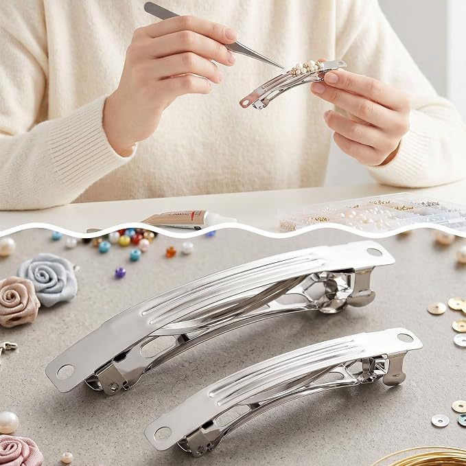 8pcs Blank French Barrette Hair Clips, 2 Sizes Metal Spring Snap Clips, Hair Styling Accessories for DIY Crafts for Women Daily Wear -Silver, 6cm, 8cm