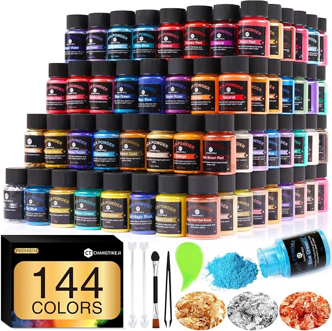 CHANGTIKEJI Mica Powder - 144 Colors - 10g/Bottle of Natural Pigment Powder | for Epoxy Resin, Eye Shadow, Car Freshies, Soap Making, Nail Polish, Candle Making, Bath Bombs