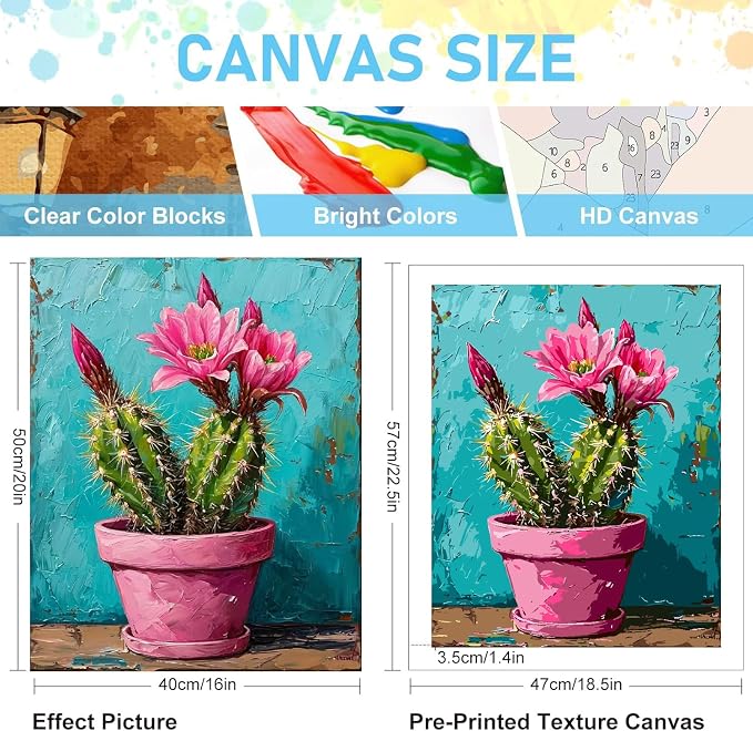Mrnsiet Paint by Number for Adults Beginners, Easy Cactus Paint by Numbers Kits on Canvas, DIY Cactus Oil Painting Kits Adults' Paint-by-Number Kits for Home Wall Decor 16x20 Inch