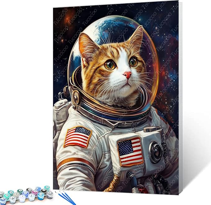 Tucocoo Cat DIY Paint by Numbers for Adults Cat Astronaut DIY Digital Oil Painting Acrylic Paint Planet Outer Space Painting Kits Canvas Wall Art Funny Room Decor 16x20 Inch （DIY Frame ）