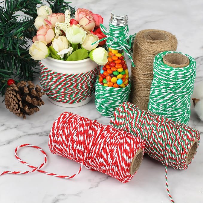 4 Rolls Natural Jute Twine, Red, Green & White - 70m/Roll