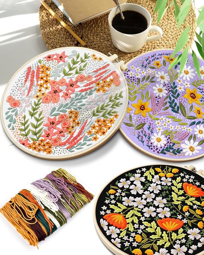 TINDTOP Embroidery Kit for Adult, 3 Pack Embroidery DIY Starter Kit, with Stamped Patterns, Hoop, Tools, Colorful Threads with Needles, Instructions (Bouquet) | with Stamped Patterns, Hoop, Tools, Colorful Threads with Needles, Instructions (Bouquet)