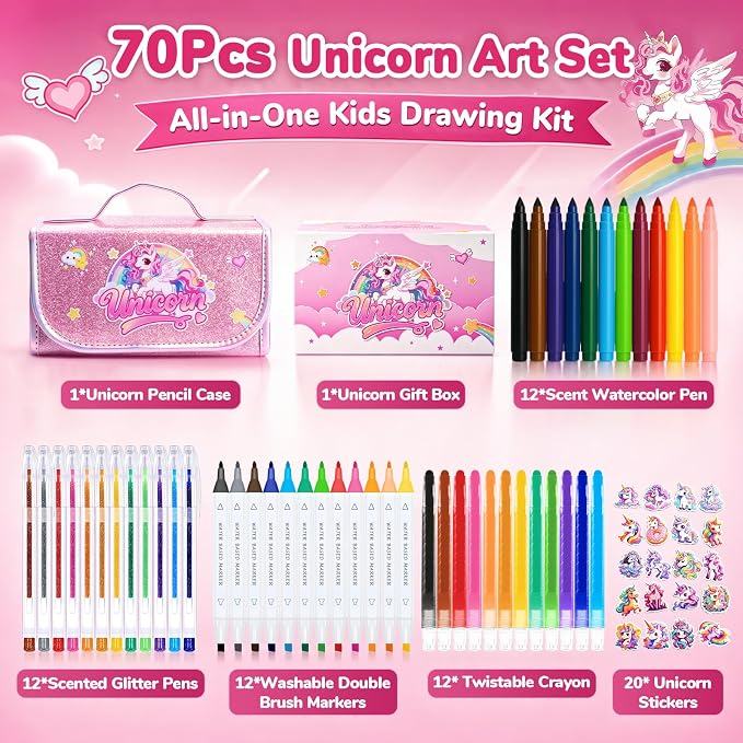 DreamyCandy 70 Pcs Washable Markers Set for Kids 4-8, Unicorn Art Set Gifts