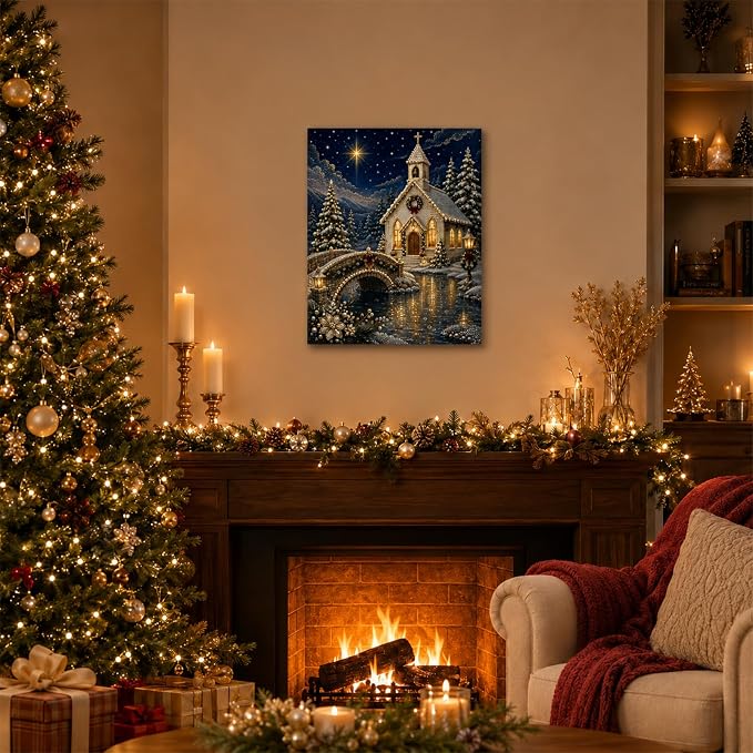DIY Christmas Pearl Diamond Painting Kit, 5D Pearl Art Craft for Adults and Beginners, Christmas Church and Jesus Wall Decor, Holiday Gifts, 12 x 16 Inch (Church Design E)