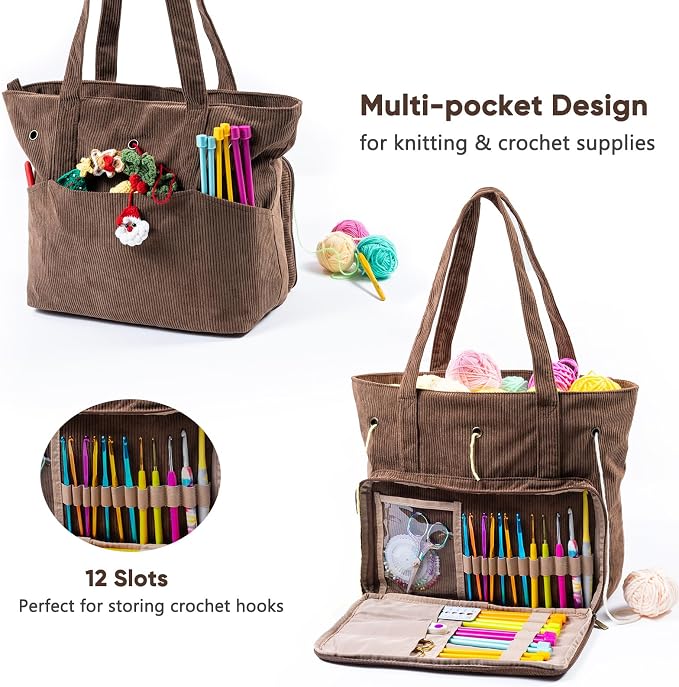 MYBAGZING Large Yarn Tote Organizer – Corduroy Knitting Storage Holder for Yarn, Hooks & Accessories, Portable Craft Carryall for Crocheting Lovers, Mother’s Day Gift
