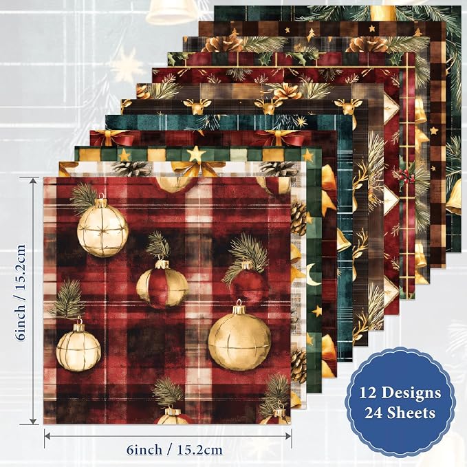 Christmas Scrapbook Paper Pad,6"×6” Single-Sided Decopodge Craft Cardstock Paper, Scrapbooking DIY Decorative Background Cardmaking Supplies 24 Sheets 12 Designs