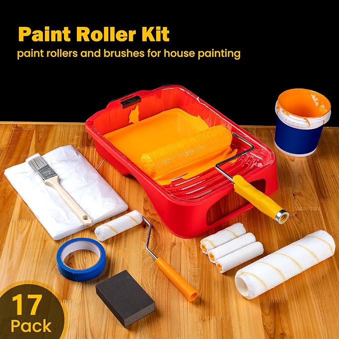 Mister Rui 17 Pieces Paint Roller Kit with 9 Inch Magnetic Tray and Liners
