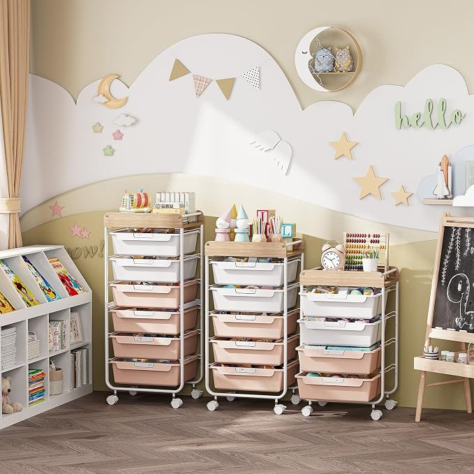 SYKIARIOL Rolling Craft Storage Cart with 4 Drawers,Kids Art Cart,Pearl | Utility Cart with Drawers,Art Craft Organizers and Storage,Kids Craft Cart With DIY Lable and Wooden Tabletop Area