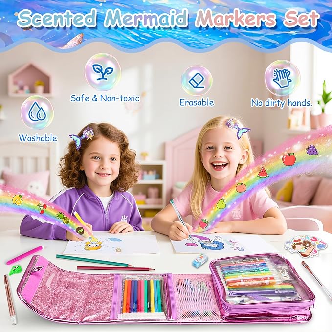 98Pcs Washable Scented Marker Set, Mermaid Pencil Case & Stationery Art and Craft for Kids Coloring Set Birthday Gift Include Markers, Glitter Pens, Crayons Drawing Kits for Girls 4 5 6 7 8 9 10 11 12