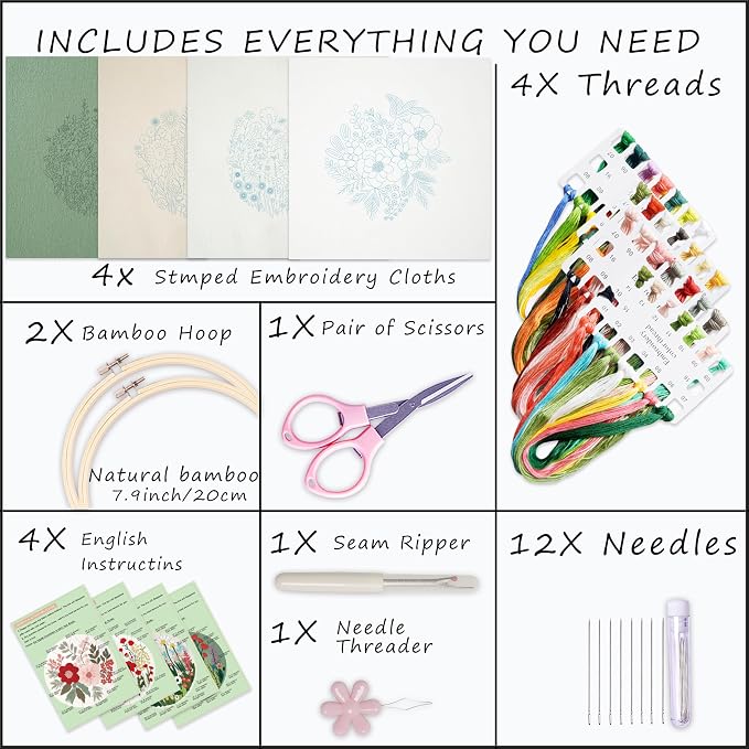 Bonroy Embroidery Kit for Beginners with Instructions,Cross Stitch Kits for Adults with Pattern,Needlepoint Kits for Adult Include Embroidery Cloth Hoops Needles Threads (flowers5)