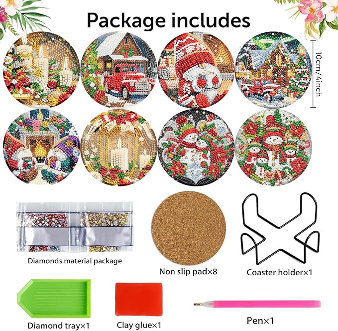 mrpwnle 8 Pcs Diamond Art Coasters Christmas Diamond Painting Coasters