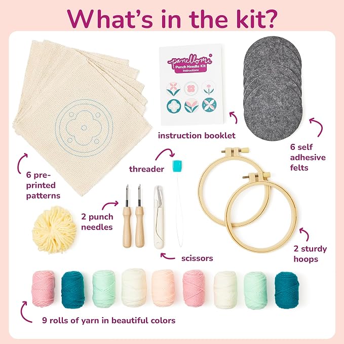 Panellomi Flower Punch Needle Kit for Beginners DIY Punchneedle Embroidery Starter Kit with Yarn, Fabric, Needle Punch Tool, Scissors, and Instructions for 6 Easy Craft Floral Design Coasters