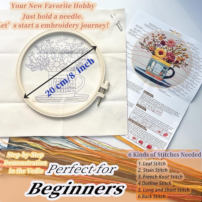 FONNUY Floral Embroidery Kit for Beginners, Colorful Flowers Pre-Stamped Pattern Kits for Adults with Hoop, Thread Needlework, 8'' Hoop (Cup)