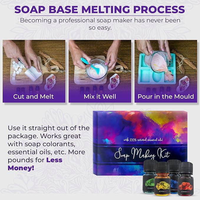 Soap Making Kit for Adults, Make Your Own Soap with Melt & Pour - DIY | Gentle soap supplies 6 Essential Oils Silicone Soap Mold Spoon Dried Flowers 1.5lbs Goats Milk Soap Base, 4 Dyes, Labels