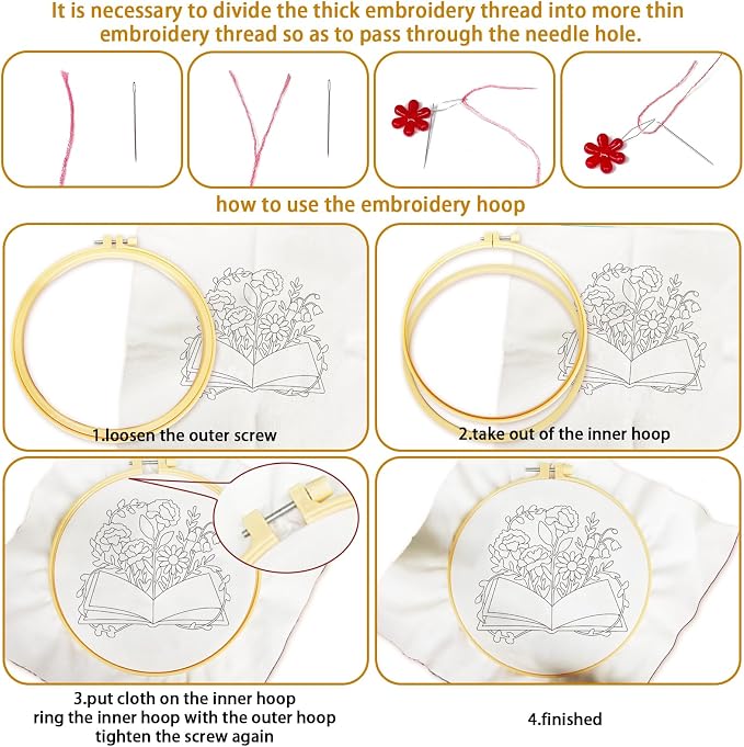 BEUNITONE 6 Set Books Flowers Embroidery Kit for Adult Beginners with Hoops and Instructions Literary Themed Needlepoint Craft Kits Complete DIY Handmade Cross Stitch Set for Book Lovers Home Decor