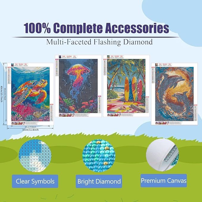VeGuude Diamond Art Kits for Adults,4 Pack Marine Animals Diamond Painting Dots Art Kits for Adults Beginner, Sea Turtle DIY Full Round Gem Crystal Art Paint by Diamond, Home Wall Decor 12x 16 in